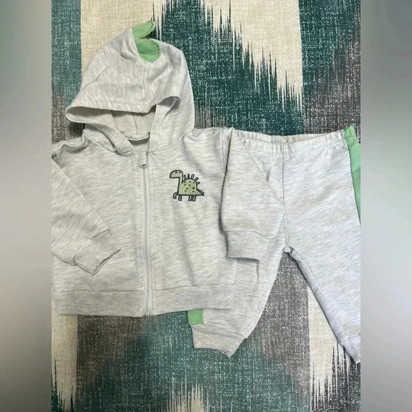 Mini Bean green and gray dinosaur set baby boy sweats fall winter (Size 3/6 M) - Picture 3 of 8